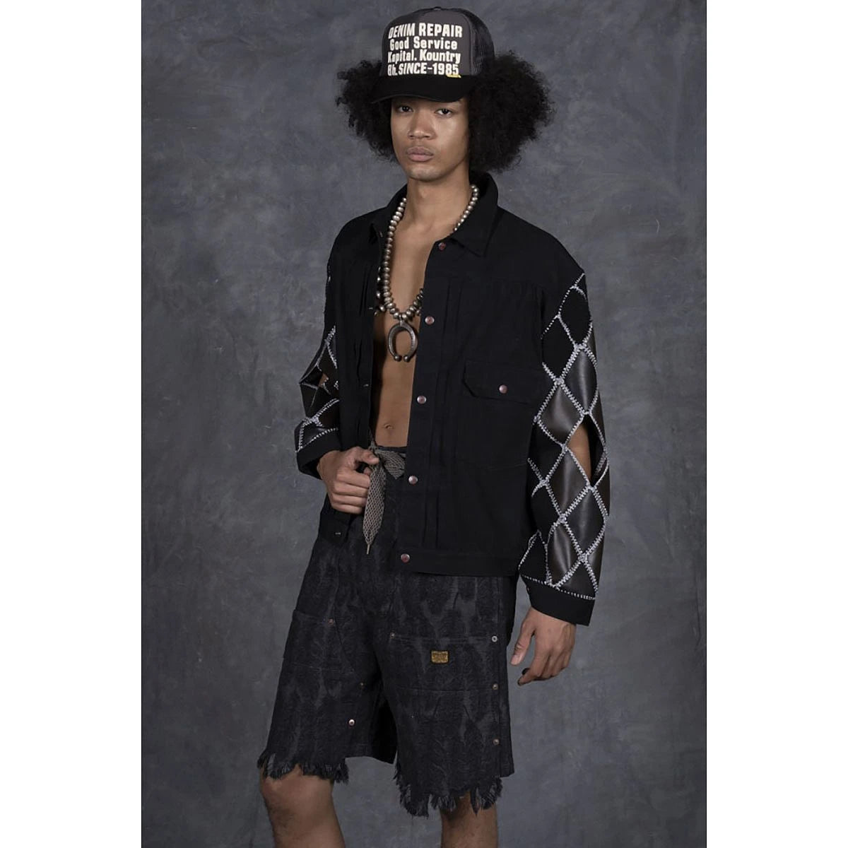 Kapital 11.5oz Black x Black Denim Hippy Crochet Sleeve 1st Jacket