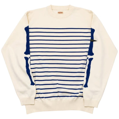 Kapital 12G Panel Border Knit Crew Sweater (Bone Sleeve)
