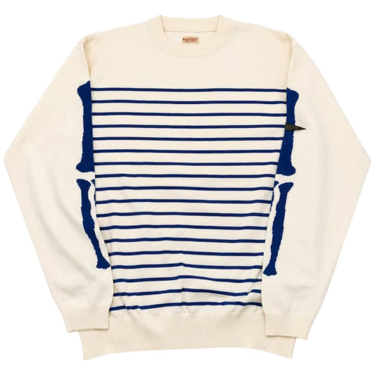 Kapital 12G Panel Border Knit Crew Sweater (Bone Sleeve)