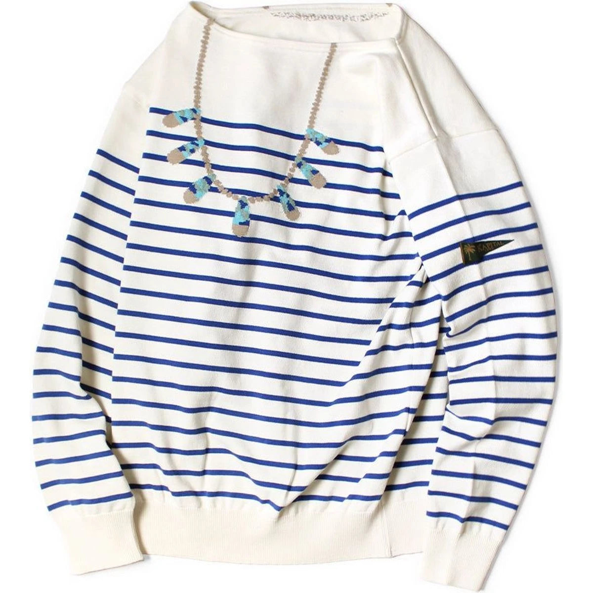 Kapital 12G Paneled Border Knit Boat Neck Sweater (Santo Domingo Necklace)