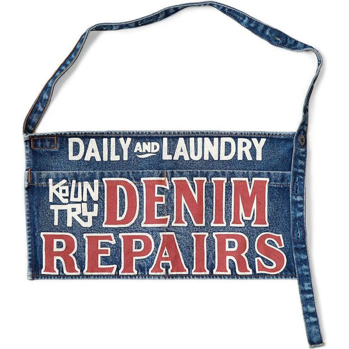 Kapital 13oz Denim Damaged Short Apron (Denim Repairs Print)