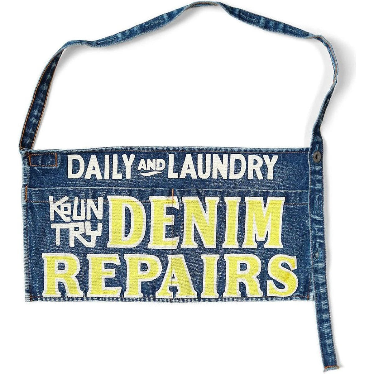 Kapital 13oz Denim Damaged Short Apron (Denim Repairs Print)