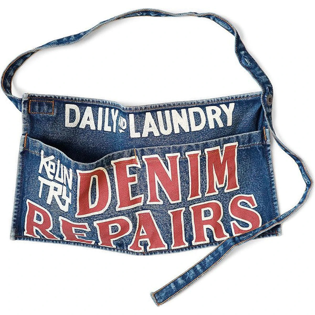 Kapital 13oz Denim Damaged Short Apron (Denim Repairs Print)