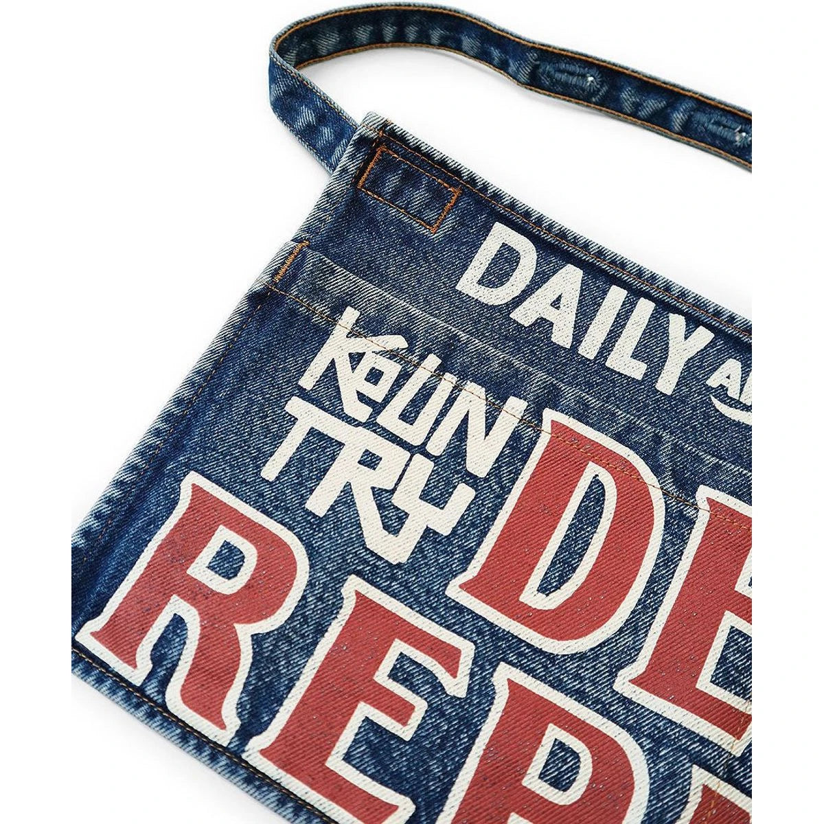 Kapital 13oz Denim Damaged Short Apron (Denim Repairs Print)