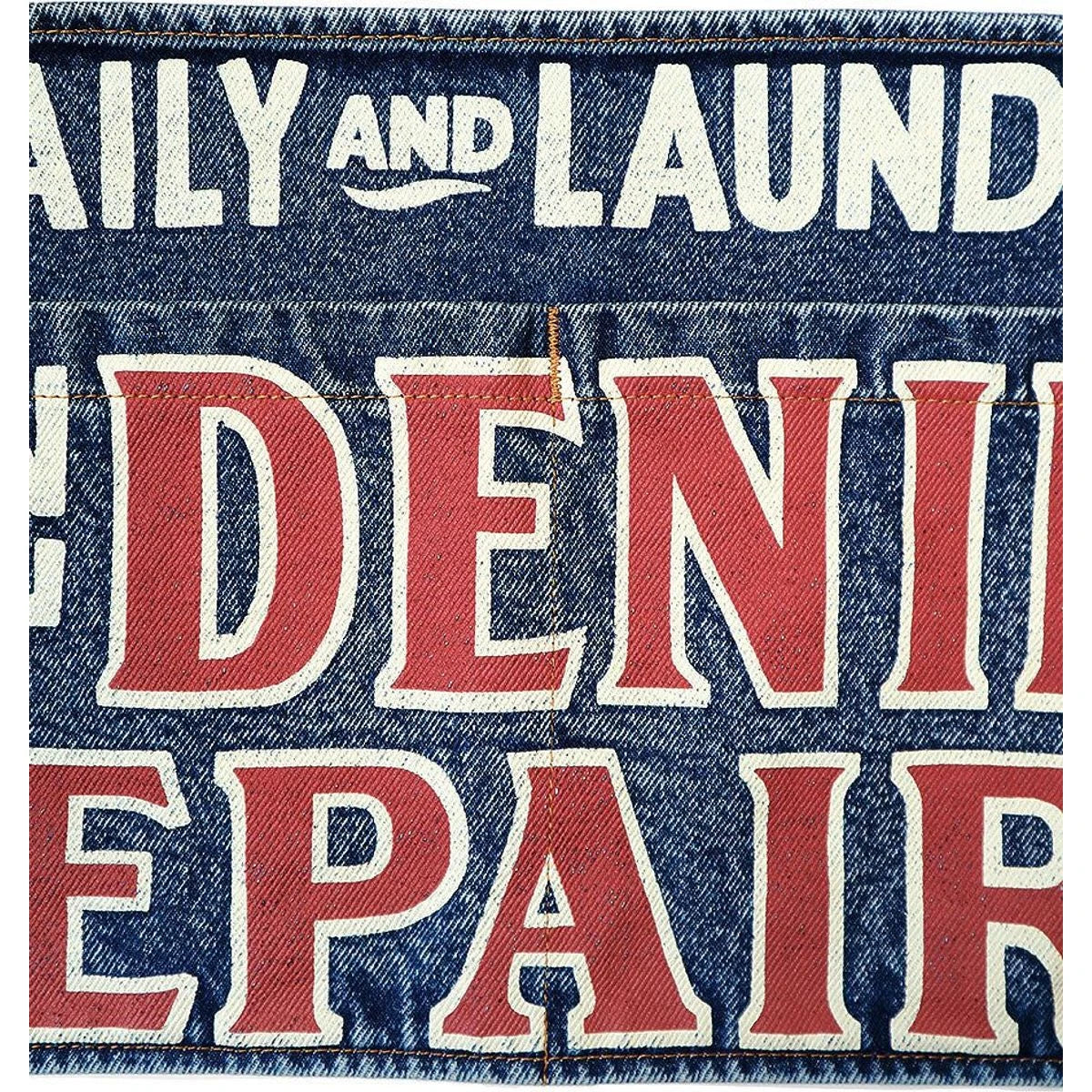 Kapital 13oz Denim Damaged Short Apron (Denim Repairs Print)