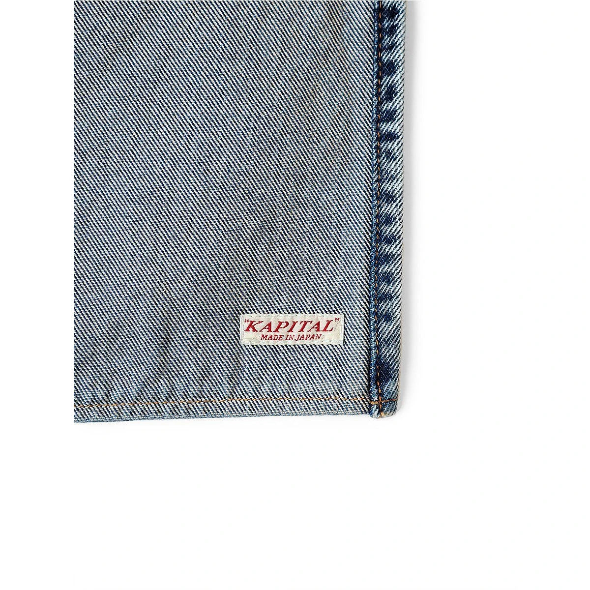 Kapital 13oz Denim Damaged Short Apron (Denim Repairs Print)