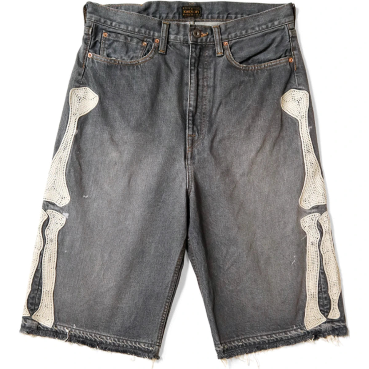 Kapital 14oz Black Denim 5P Shorts Pants (Bone Embroidery)