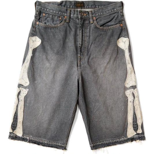Kapital 14oz Black Denim 5P Shorts Pants (Bone Embroidery)