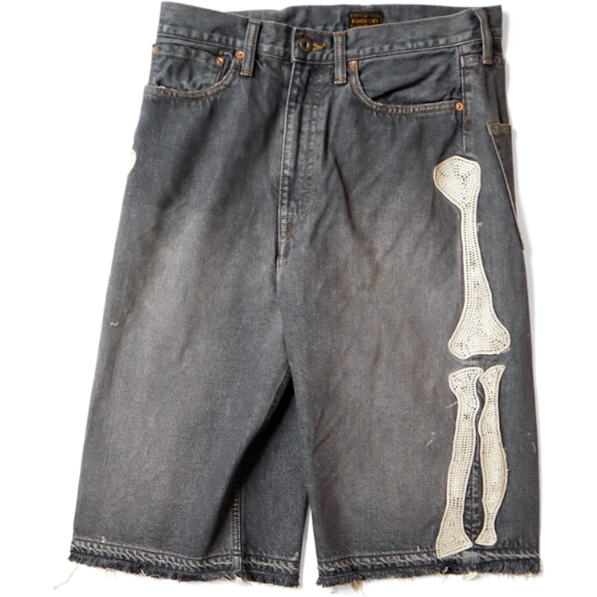 Kapital 14oz Black Denim 5P Shorts Pants (Bone Embroidery)