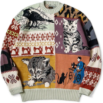 Kapital 5G Cotton Knit Patchwork Big Crew Sweater (Cat & Crow)