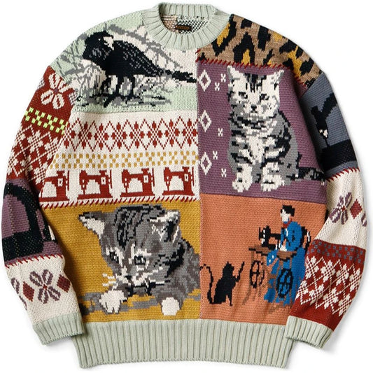 Kapital 5G Cotton Knit Patchwork Big Crew Sweater (Cat & Crow)
