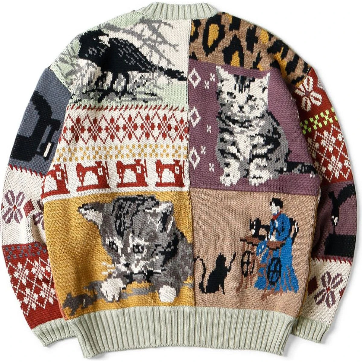 Kapital 5G Cotton Knit Patchwork Big Crew Sweater (Cat & Crow)