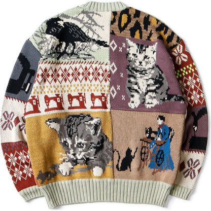 Kapital 5G Cotton Knit Patchwork Big Crew Sweater (Cat & Crow)