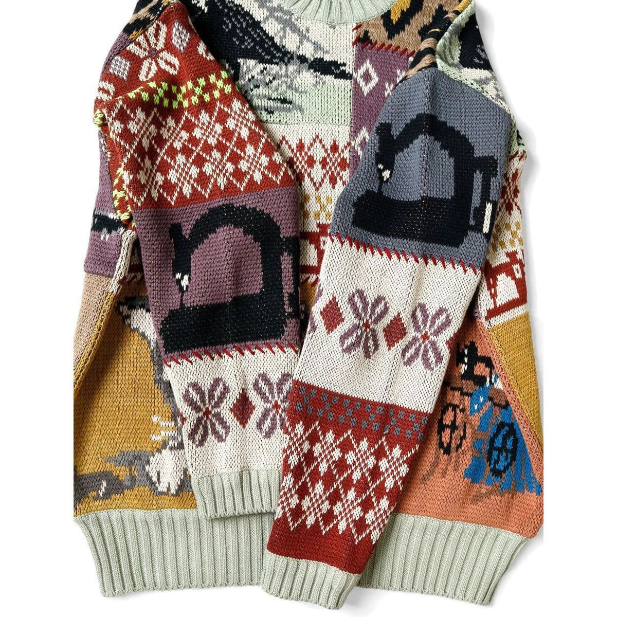 Kapital 5G Cotton Knit Patchwork Big Crew Sweater (Cat & Crow)
