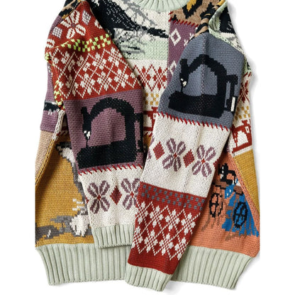 Kapital 5G Cotton Knit Patchwork Big Crew Sweater (Cat & Crow)