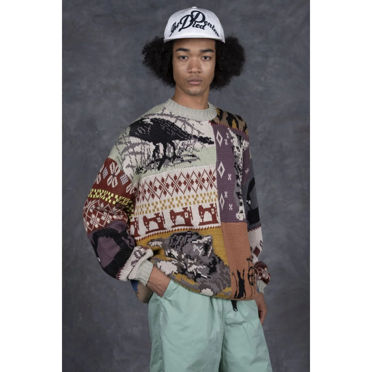 Kapital 5G Cotton Knit Patchwork Big Crew Sweater (Cat & Crow