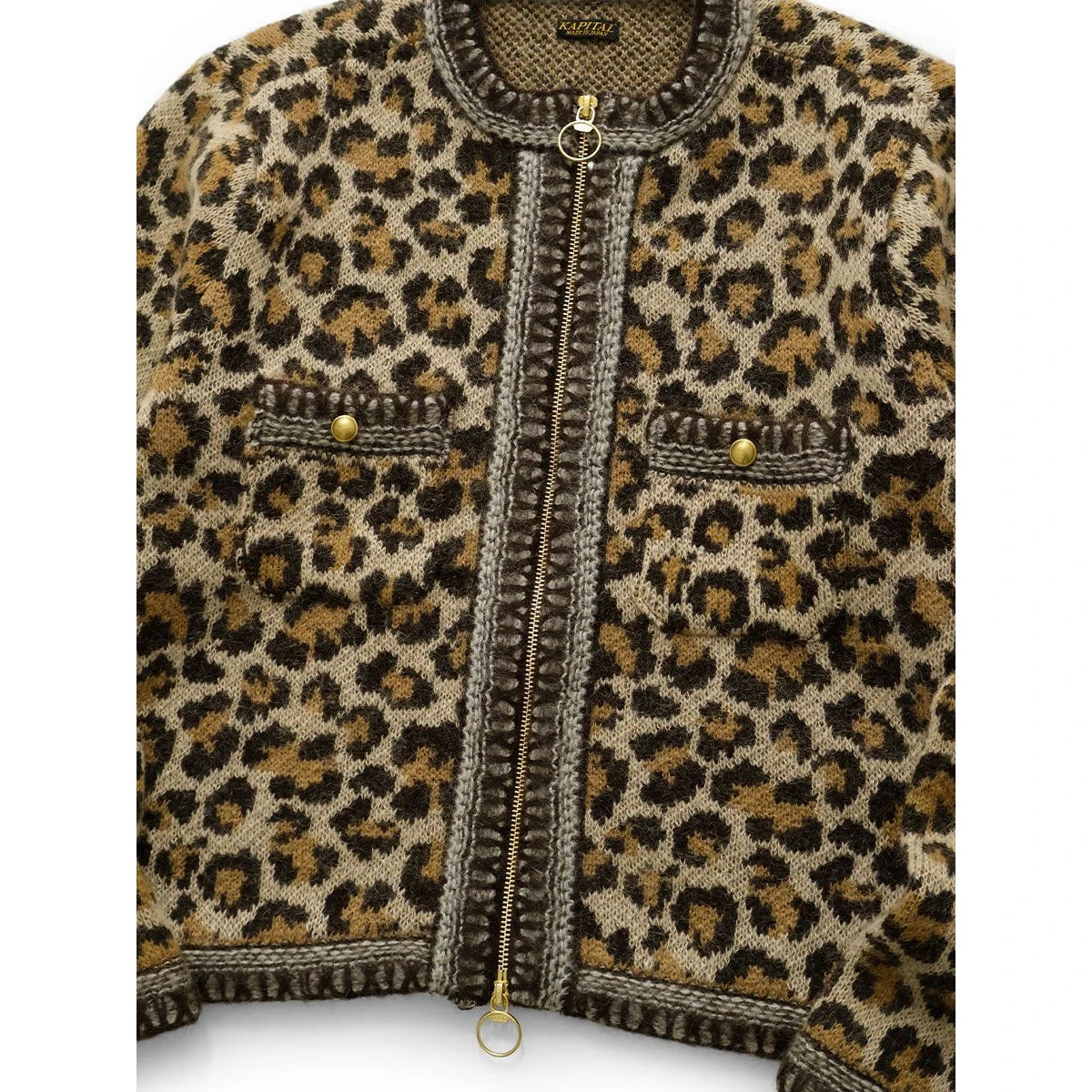Kapital 5G Leopard Print Mohair Knit Zip Cabaret Cardigan