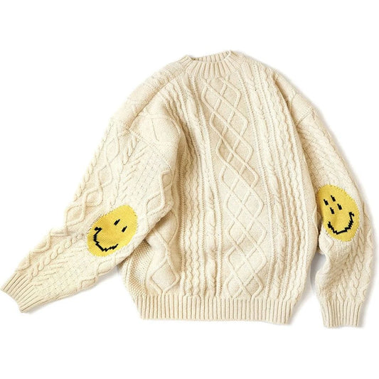 Kapital 5G Wool Cable Knit Happy Patch Crew Sweater