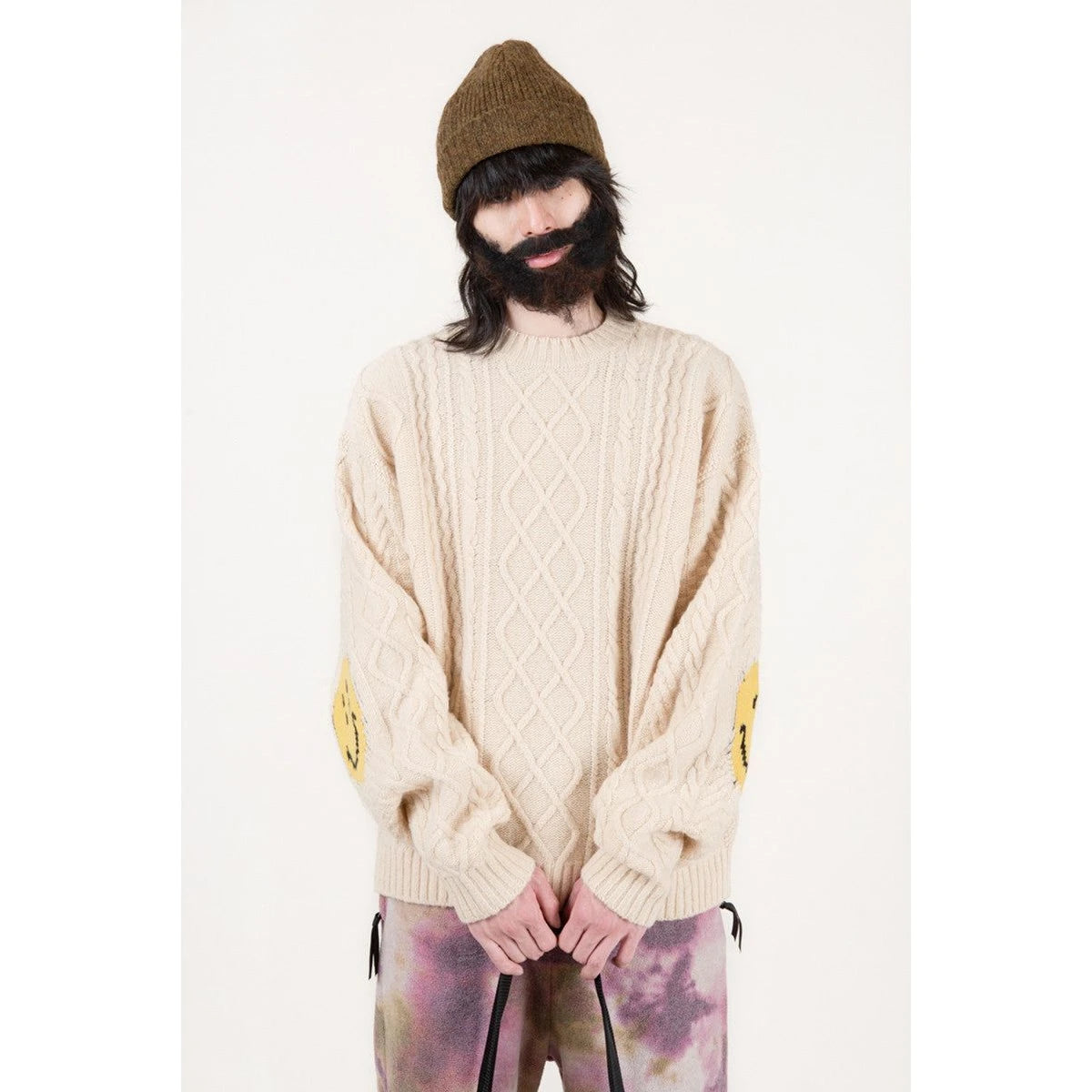Kapital 5G Wool Cable Knit Happy Patch Crew Sweater