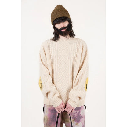 Kapital 5G Wool Cable Knit Happy Patch Crew Sweater