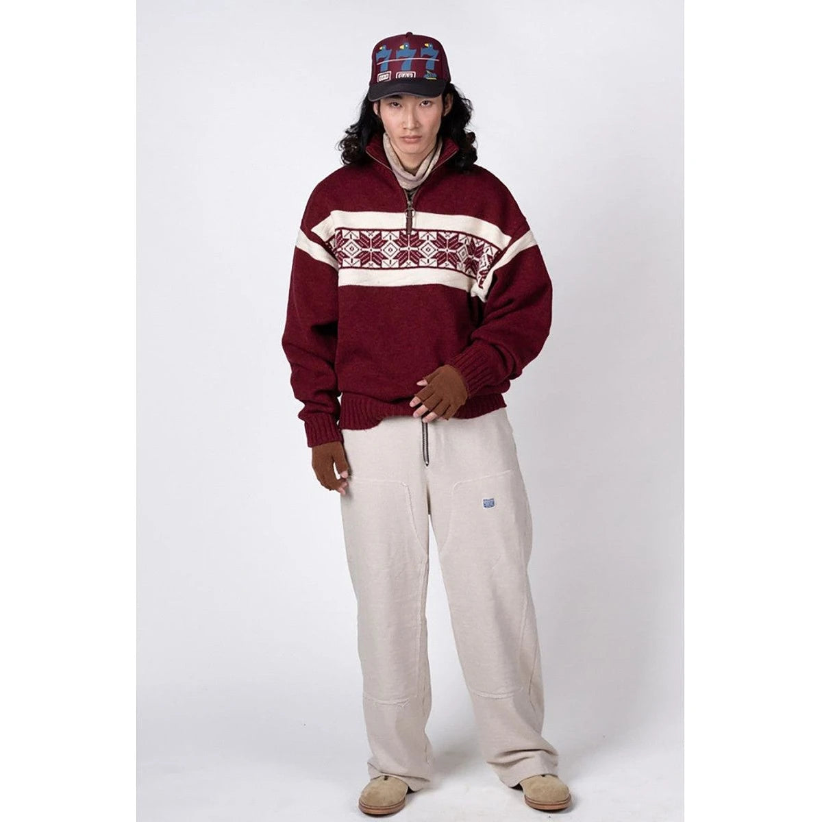 Kapital 5G Wool Snow Pattern Half Zip Sweater