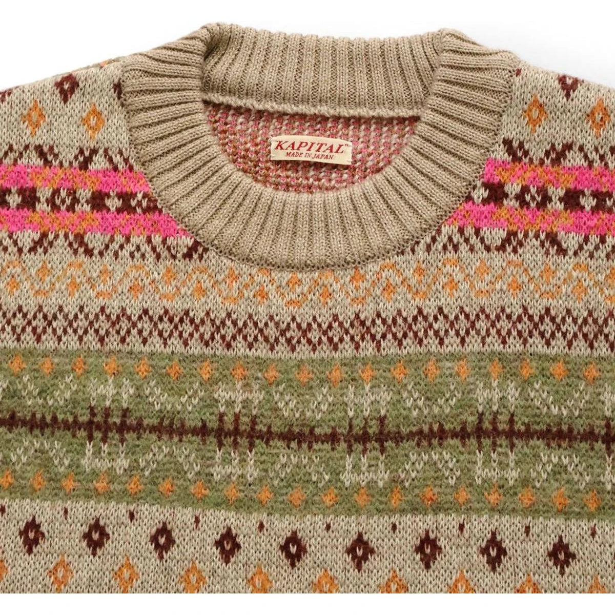 Kapital 7G Wool Fair Isle Bone Crew Neck Sweater