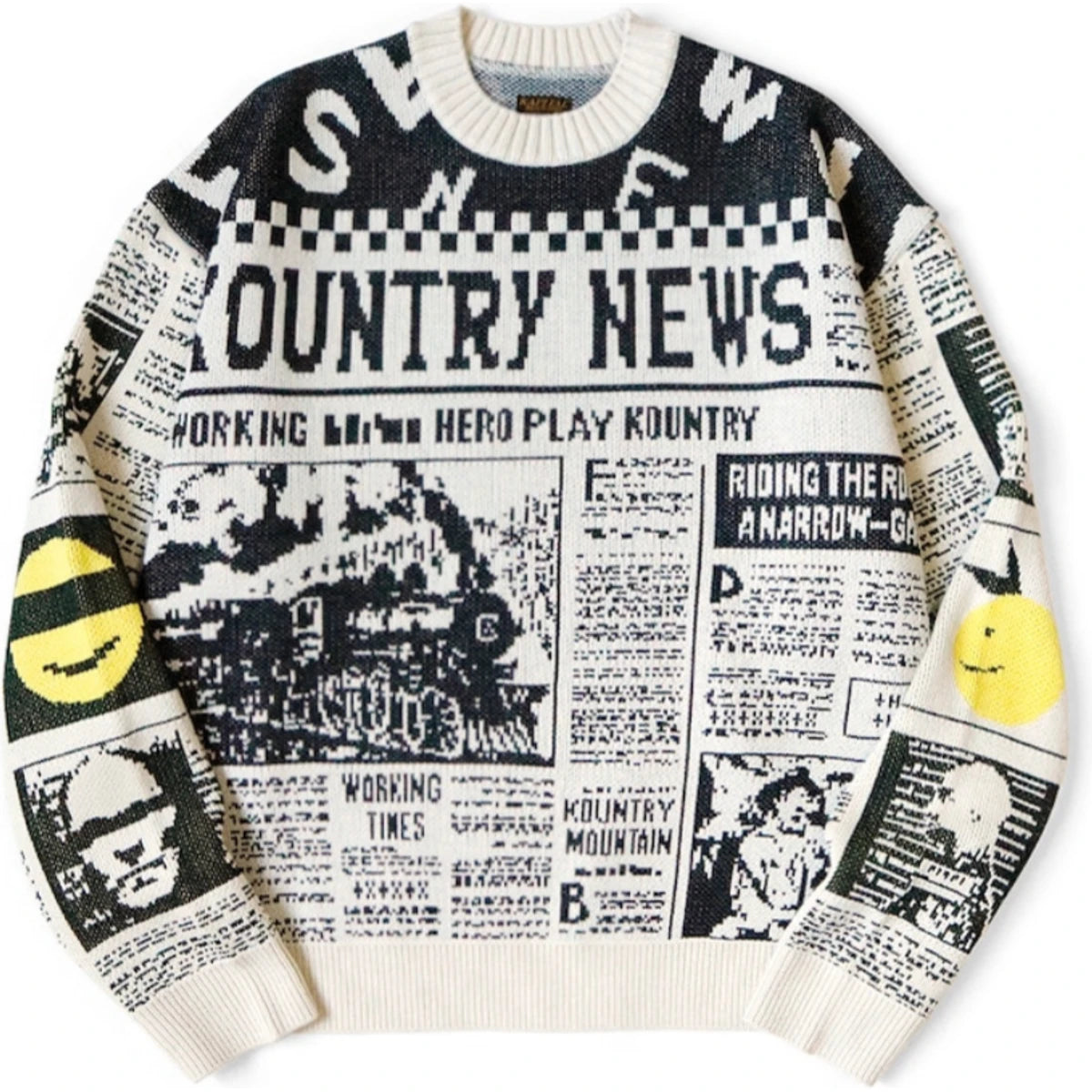 Kapital 8G Knit Newspaper Pattern Crew Sweater (Kountry News)