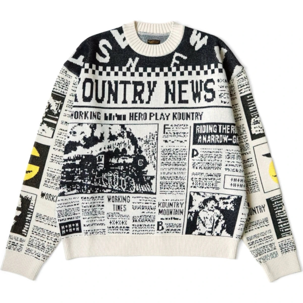 Kapital 8G Knit Newspaper Pattern Crew Sweater (Kountry News)