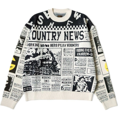 Kapital 8G Knit Newspaper Pattern Crew Sweater (Kountry News)