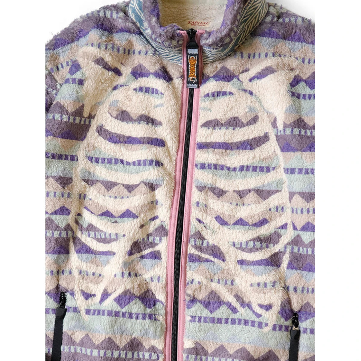 Kapital Ashland Stripe & Bone Pattern Fleece Zip Jacket
