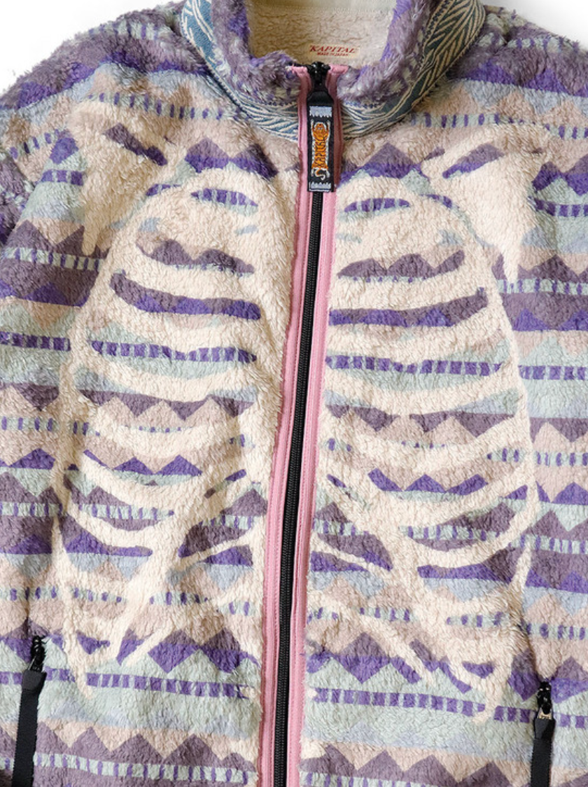 Kapital Ashland Stripe & Bone Pattern Fleece Zip Jacket