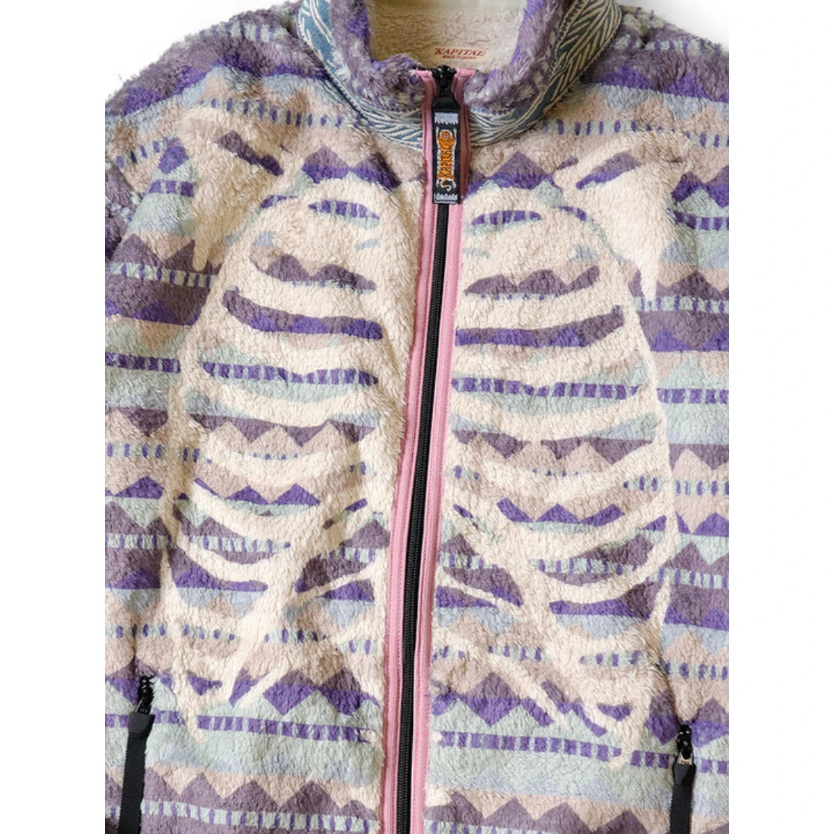 Kapital Ashland Stripe & Bone Pattern Fleece Zip Jacket