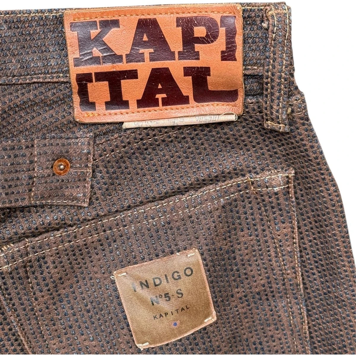 Kapital Century Denim 5P Monkey Cisco No. 5 (Kakishibu) - 4 Years Worn With Sakura Rivets