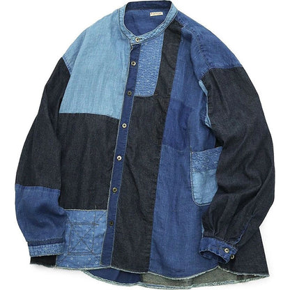Kapital Cotton And Linen Idg Patchwork Band Collar Kathmandu Shirt