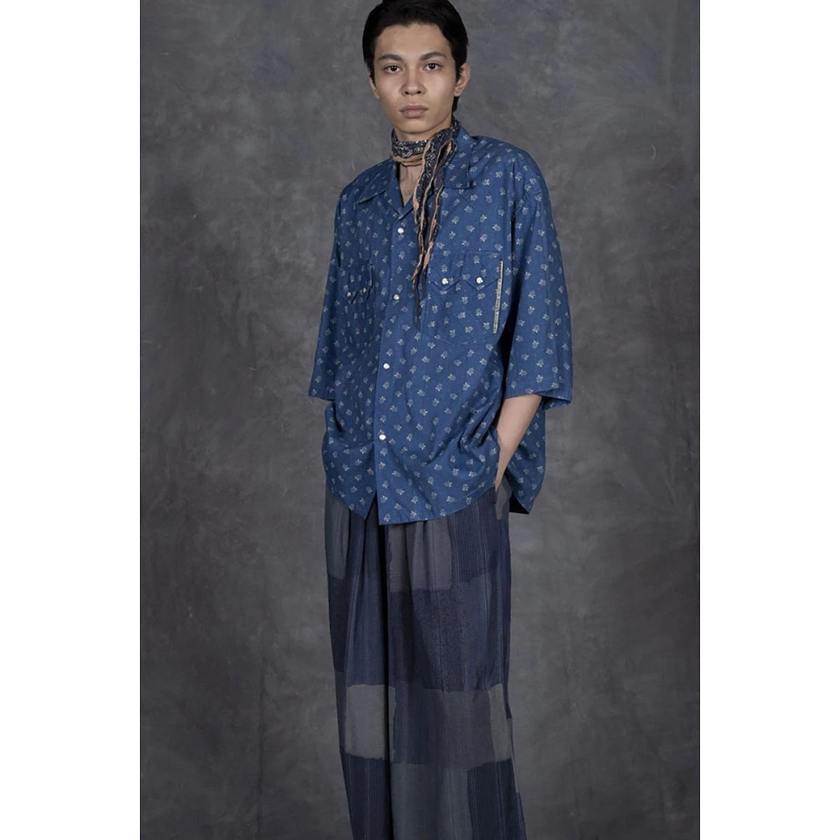Kapital Dobby Stripe IDG Discharge Print Open Collar Western Big Shirt