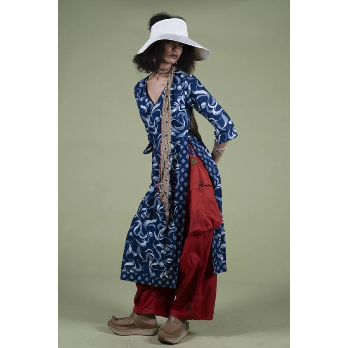 Kapital French Cross Linen, Discharge Print Okra Pattern Lychee Dress