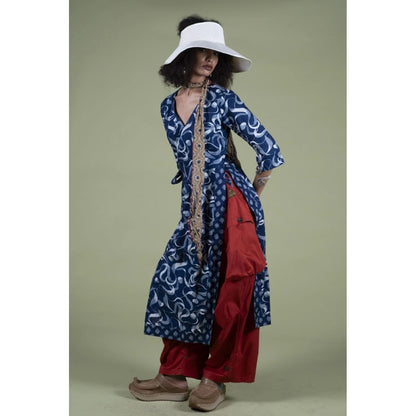 Kapital French Cross Linen, Discharge Print Okra Pattern Lychee Dress