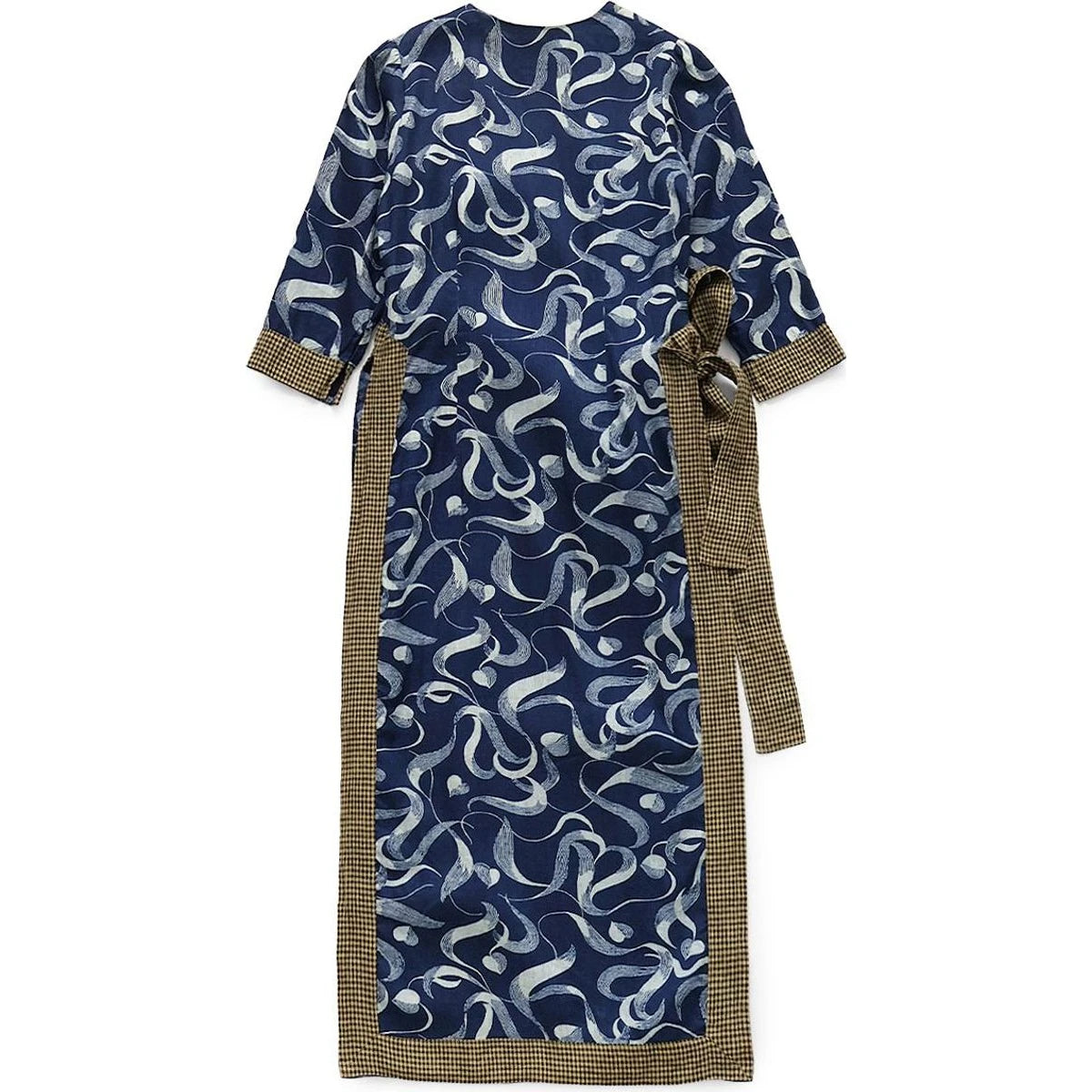 Kapital French Cross Linen, Discharge Print Okra Pattern Lychee Dress