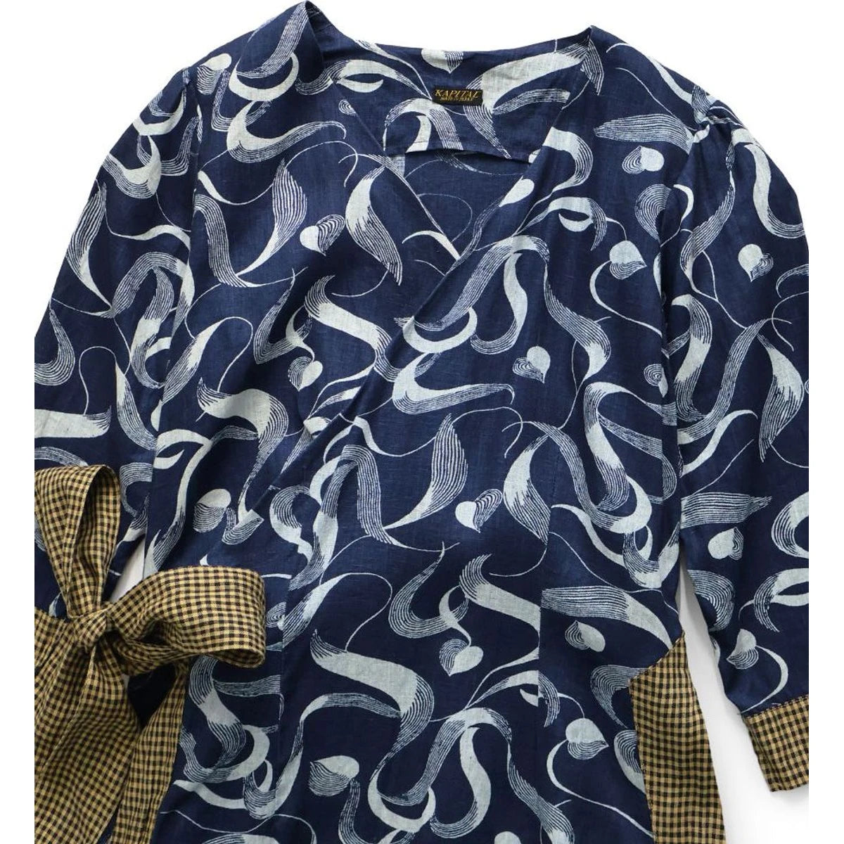 Kapital French Cross Linen, Discharge Print Okra Pattern Lychee Dress