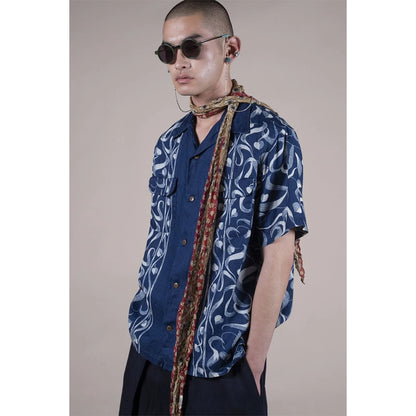Kapital French Cross Linen Discharge Print Okra Pattern Short Sleeve Open Collar Shirt