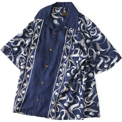 Kapital French Cross Linen Discharge Print Okra Pattern Short Sleeve Open Collar Shirt