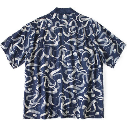 Kapital French Cross Linen Discharge Print Okra Pattern Short Sleeve Open Collar Shirt