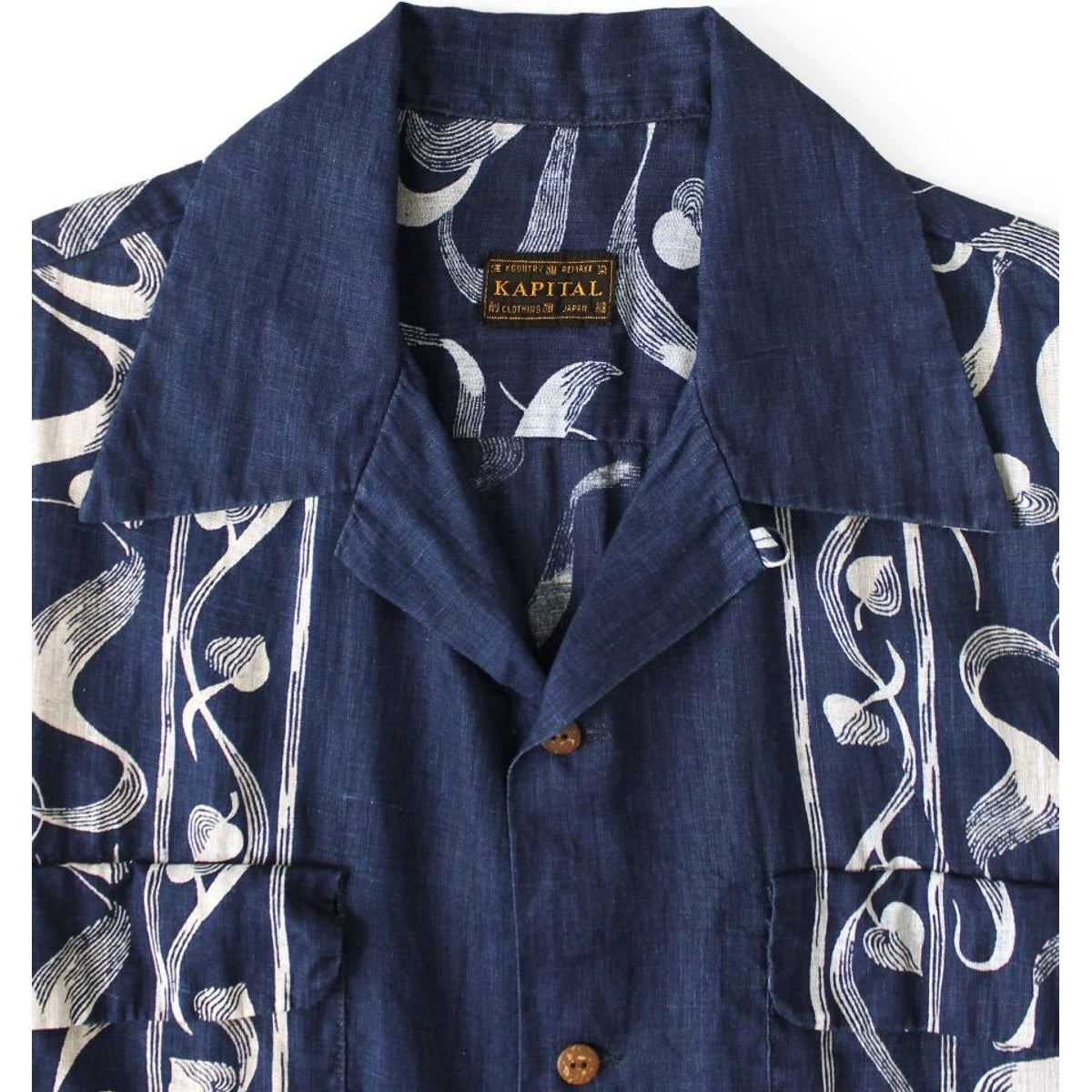 Kapital French Cross Linen Discharge Print Okra Pattern Short Sleeve Open Collar Shirt