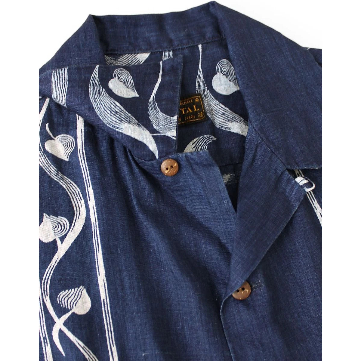Kapital French Cross Linen Discharge Print Okra Pattern Short Sleeve Open Collar Shirt