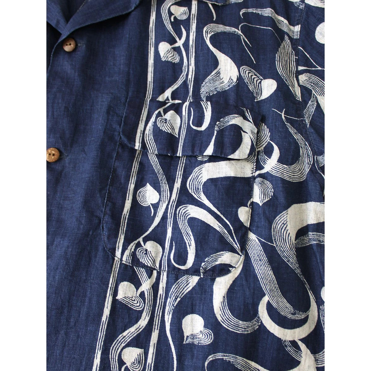 Kapital French Cross Linen Discharge Print Okra Pattern Short Sleeve Open Collar Shirt
