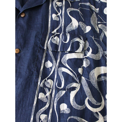 Kapital French Cross Linen Discharge Print Okra Pattern Short Sleeve Open Collar Shirt