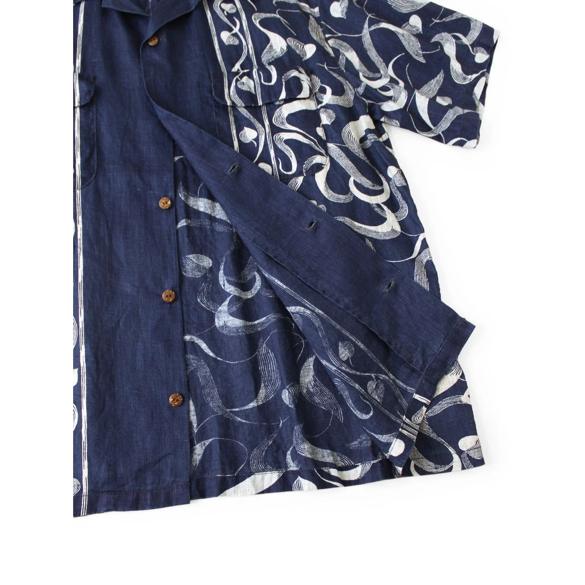 Kapital French Cross Linen Discharge Print Okra Pattern Short Sleeve Open Collar Shirt