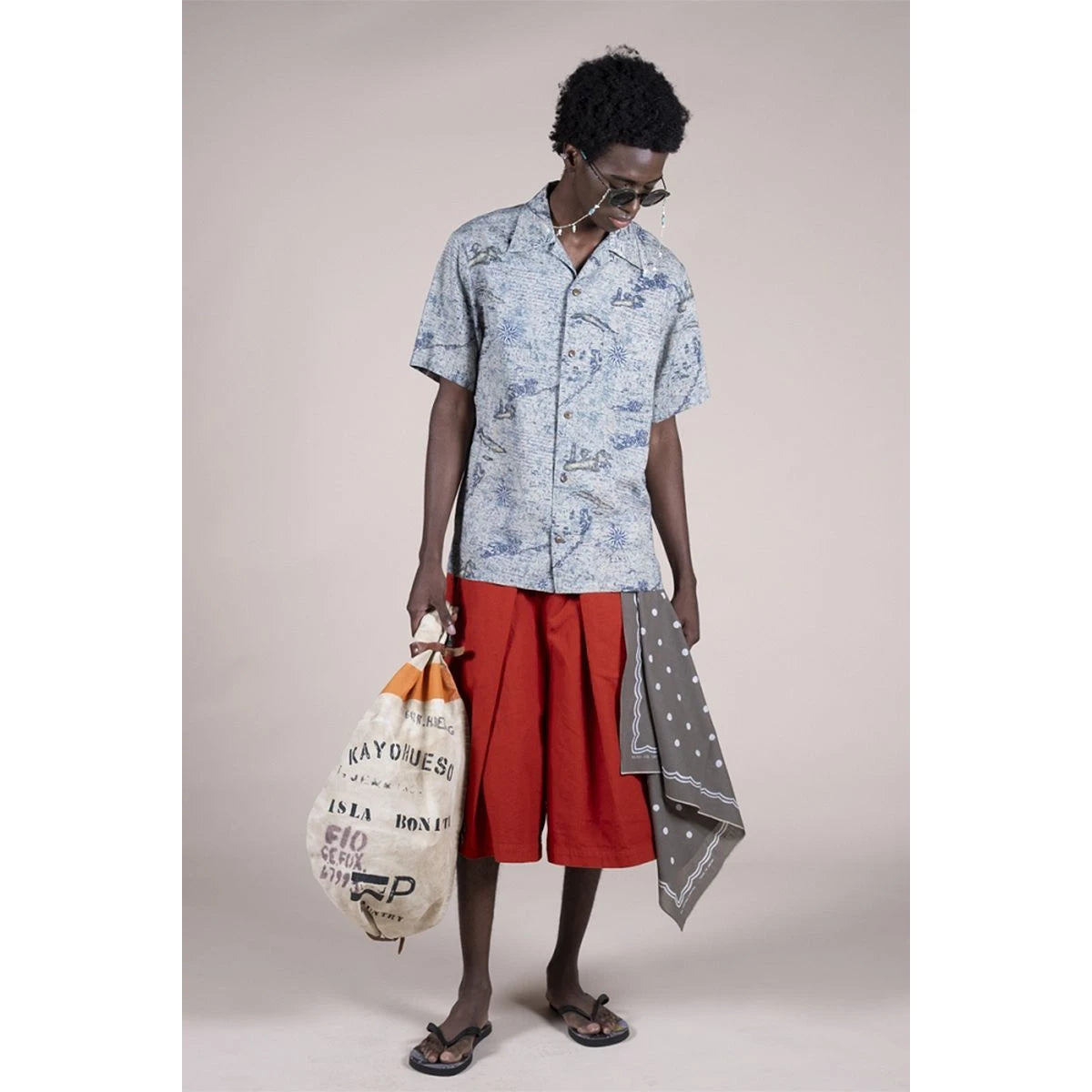 Kapital French Cross Linen Open Collar Shirt (Key West Discharge Print)
