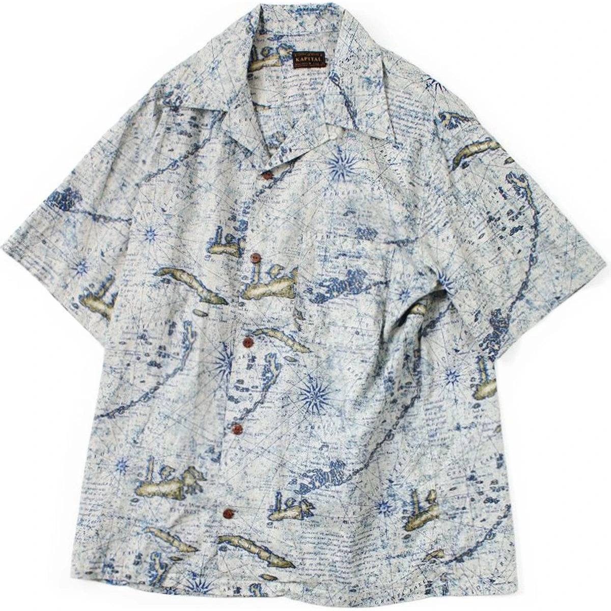 Kapital French Cross Linen Open Collar Shirt (Key West Discharge Print)