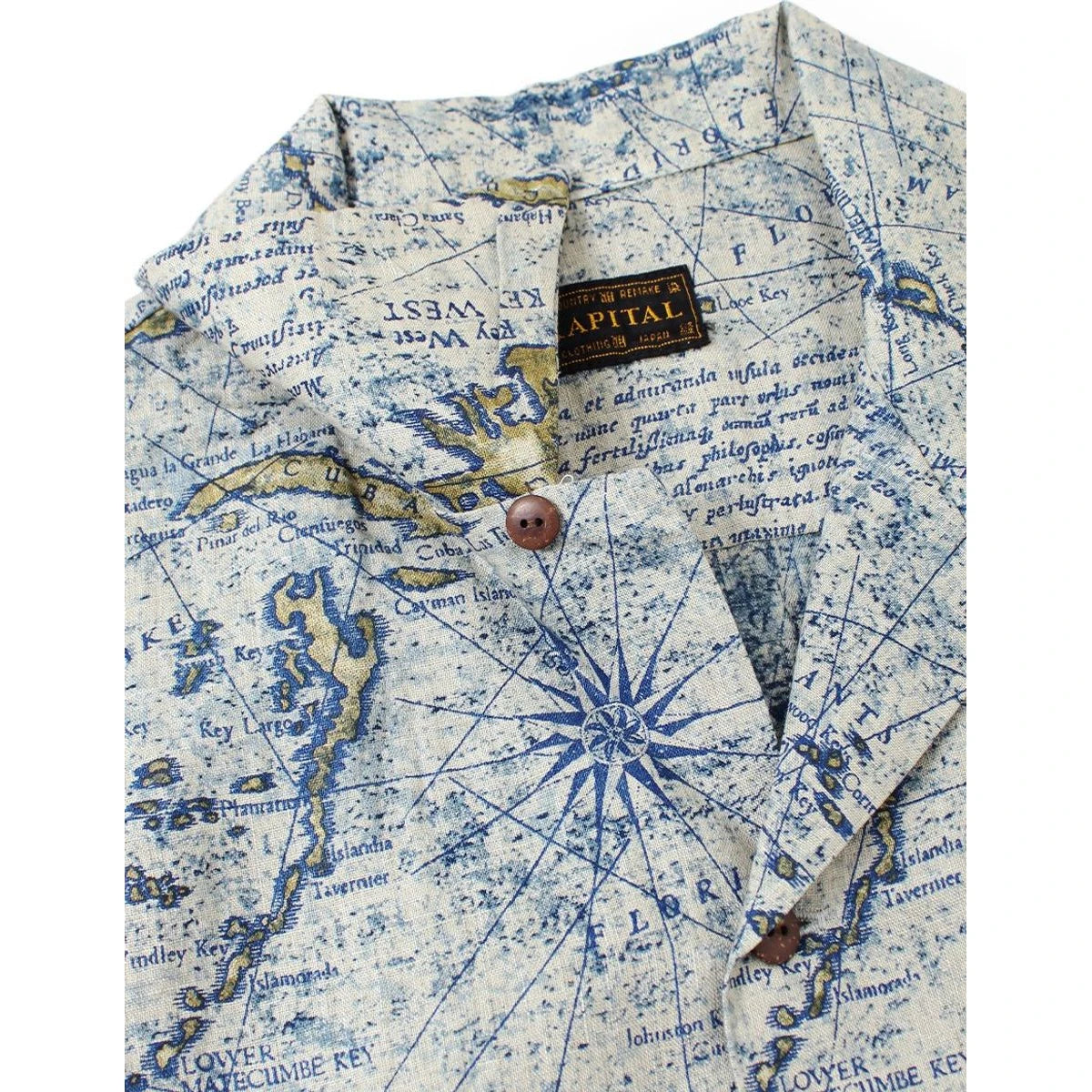 Kapital French Cross Linen Open Collar Shirt (Key West Discharge Print)